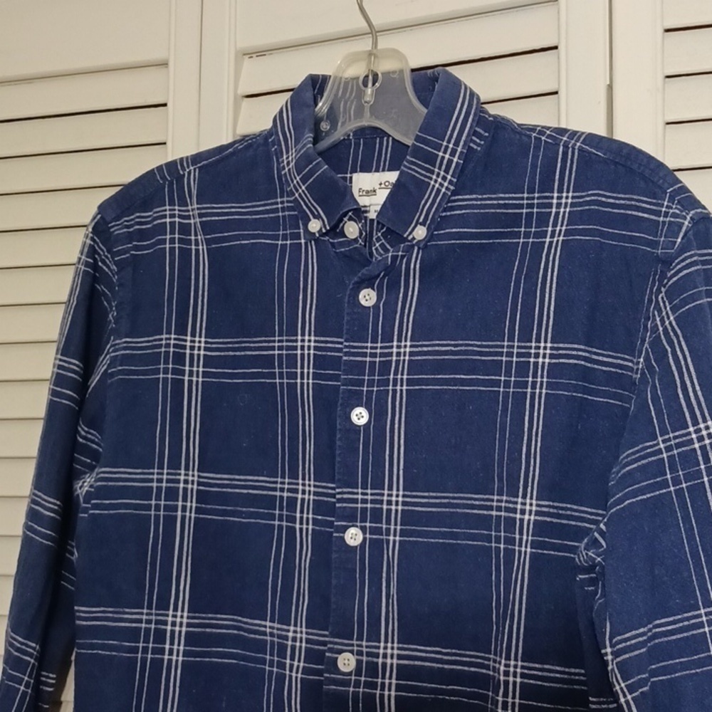 Frank and Oak Blue White Plaid Button Down Cotton Linen Top, Size M - Picture 2 of 9